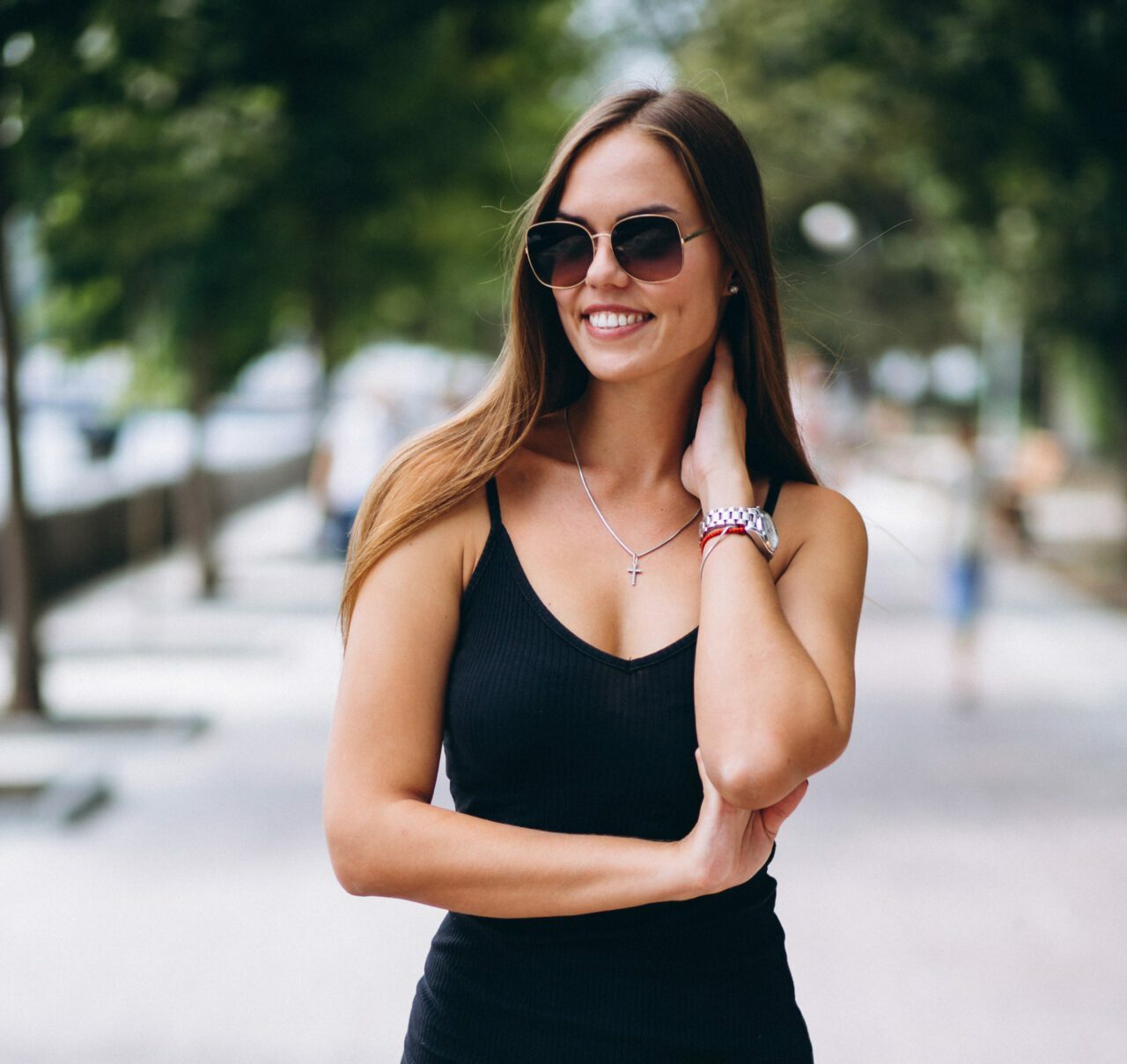 Beautiful woman in black dress